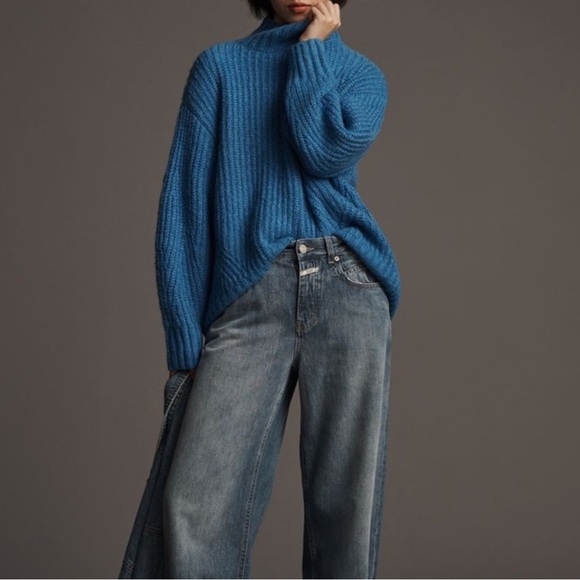 ANTHROPOLOGIE Maeve Dakotah Oversized Turtleneck Pullover Blue Chunky Sweater - Picture 1 of 8